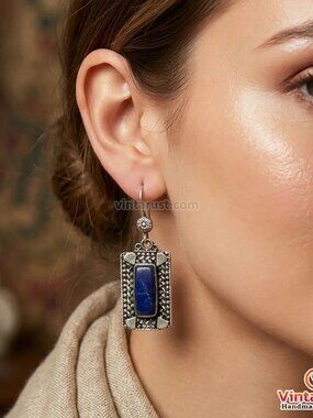 Rectangular Lapis Lazuli Earrings: Bohemian Vintage Style Jewelry